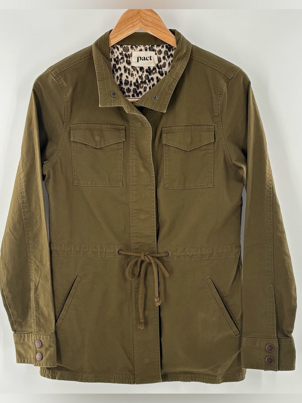 Pact Organic Cotton Field Utility Jacket Sz S Olive Green Animal Print Lining